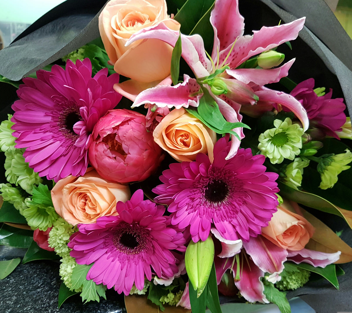 Pink and Coral bouquet Flower Room Wanganui