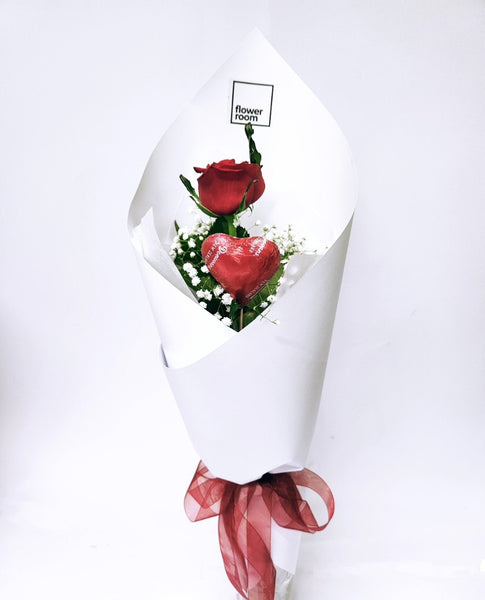 Single red rose + choc heart