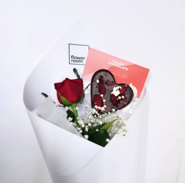 Single rose + House of Chocolate heart